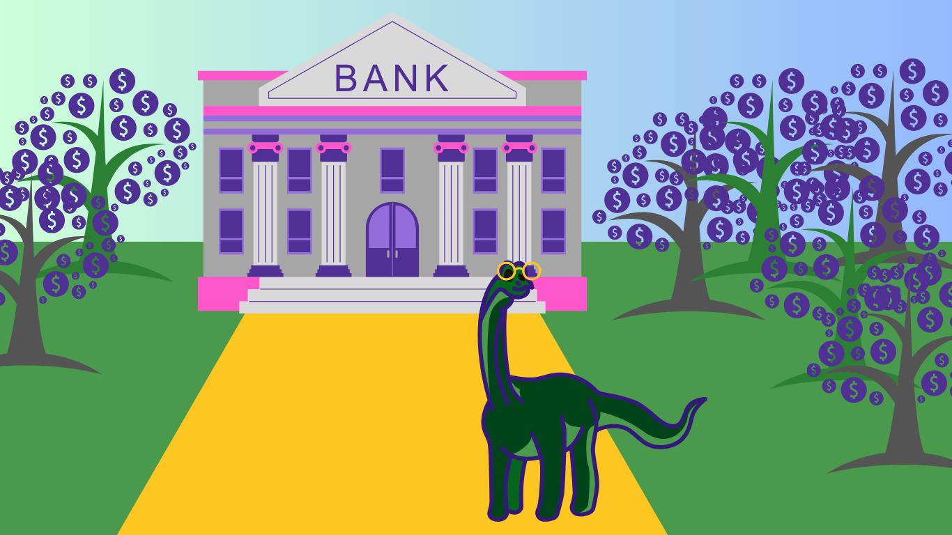 Finance durable Le diplodocus de Diplodocom va à la banque sur un chemin doré. La banque est entourée d'arbres à argent.